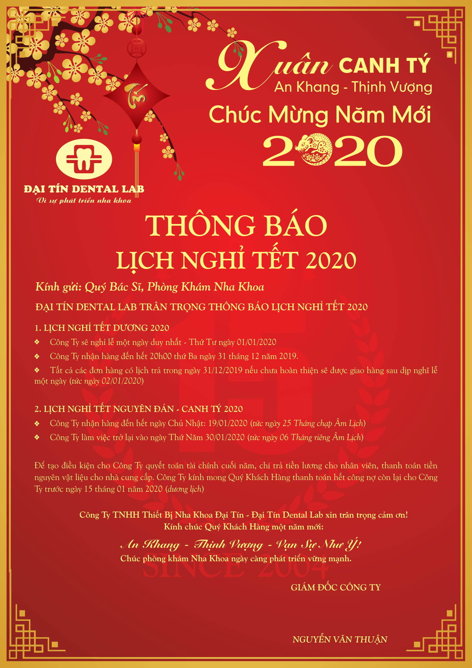 Thông báo lịch nghỉ tết Xuân Canh Tý 2020